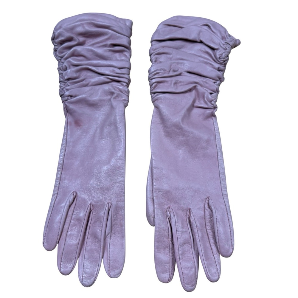 Vintage Saks Fifth Avenue Leather Gloves 7.5 Pink Puched 13" Made in Italy Silk